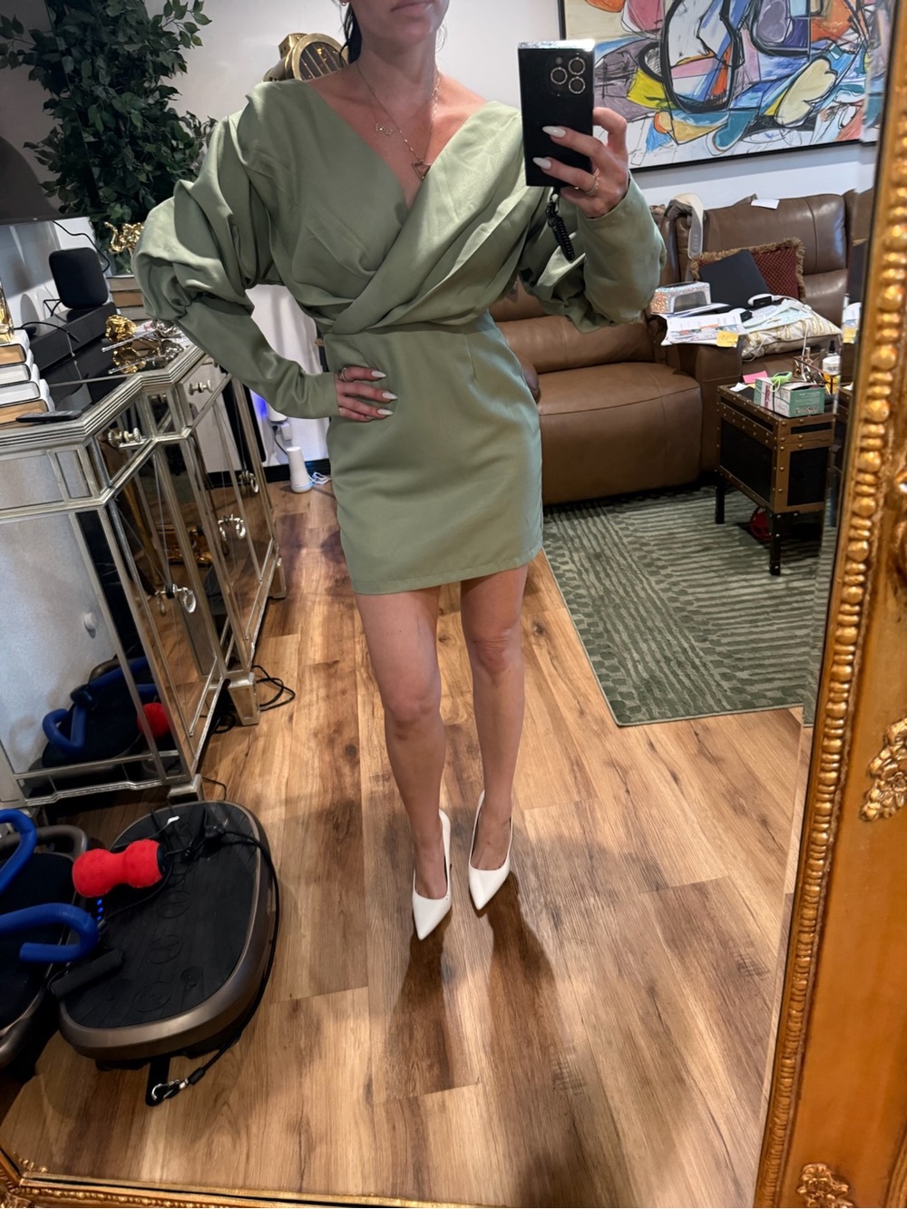 Pretty Little Thing Olive Green Draped V-Neck Mini Dress - Like NEW